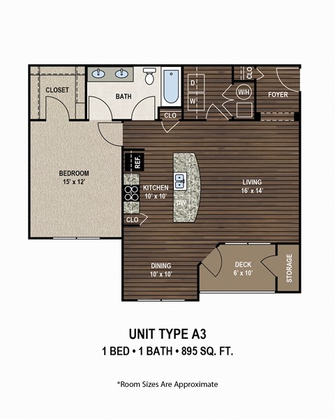 A drawing of a floor plan for a unit type A3, which includes a bedroom, bathroom, kitchen, dining area, and storage space.